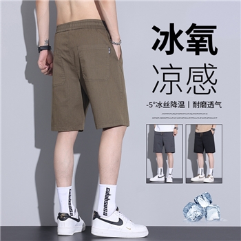 夏季薄款休闲短裤男士冰丝松紧腰宽松直筒刺绣五分裤子