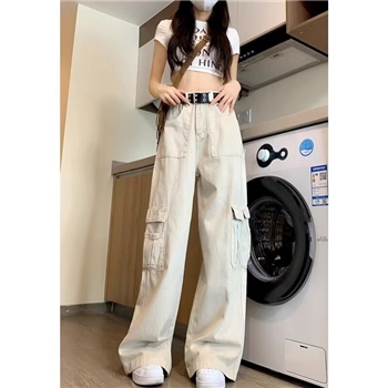 白色裤子女秋冬美式直筒工装裤高腰垂感显瘦宽松小个子窄版阔腿裤