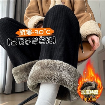 秋冬季东北特厚休闲直筒裤女秋冬款加绒加厚松紧腰羊羔绒阔腿裤女