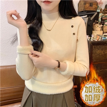 加绒半高领毛衣女一体绒打底衫2023秋冬新款钉珠针织衫内搭上衣