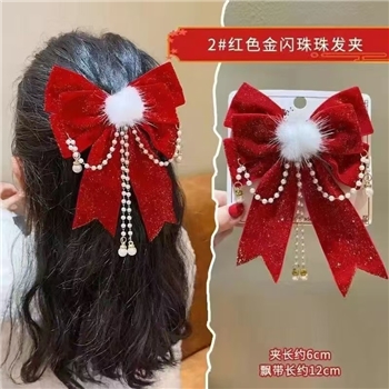 蝴蝶结发饰儿童新年大红植绒飘带后压中国风汉服发卡宝宝古风头饰