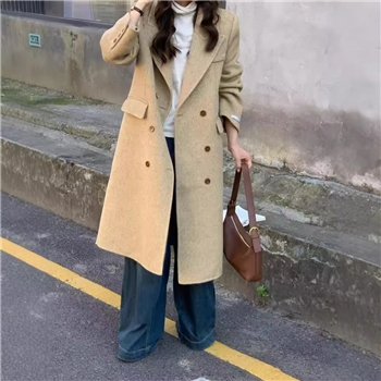双面羊毛大衣女秋冬新款人字纹西装领双排扣过膝长款正肩羊毛外套