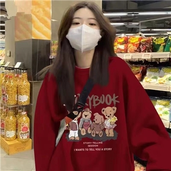 红色美式小熊圆领卫衣女秋冬加绒加厚外套